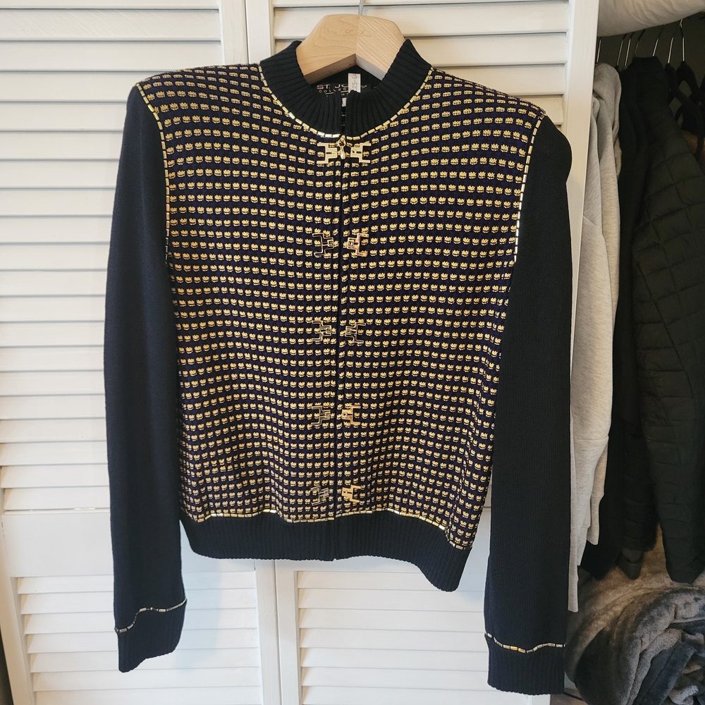 St. John Collection Black Cardigan with Gold Stripes